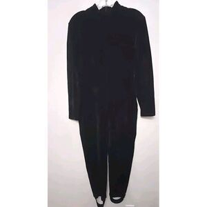 Vintage 80s Cache Black Velvet Unitard Jumpsuit‎ Sz M Mock Neck Soft Stretchy